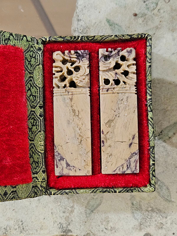 A Pair of Two 3/4" Qingtian Soapstones with Carved Dragon and Phoenix Top - a Perfect Wedding Gift
