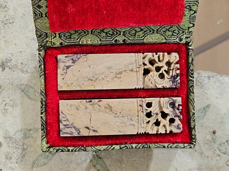 A Pair of Two 3/4" Qingtian Soapstones with Carved Dragon and Phoenix Top - a Perfect Wedding Gift