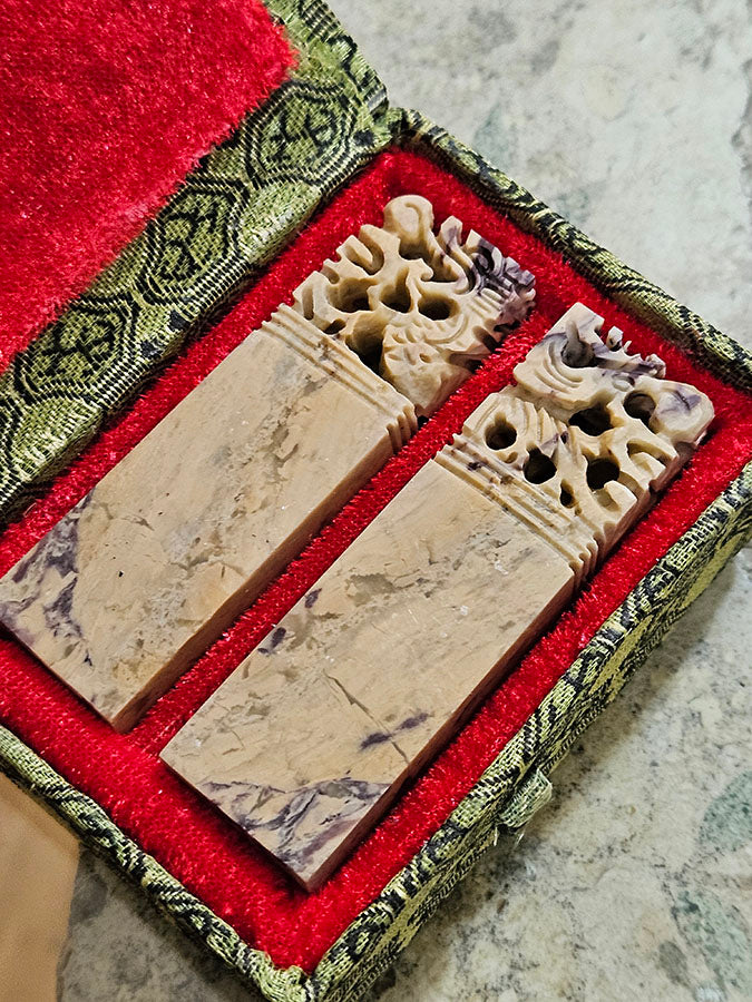 A Pair of Two 3/4" Qingtian Soapstones with Carved Dragon and Phoenix Top - a Perfect Wedding Gift